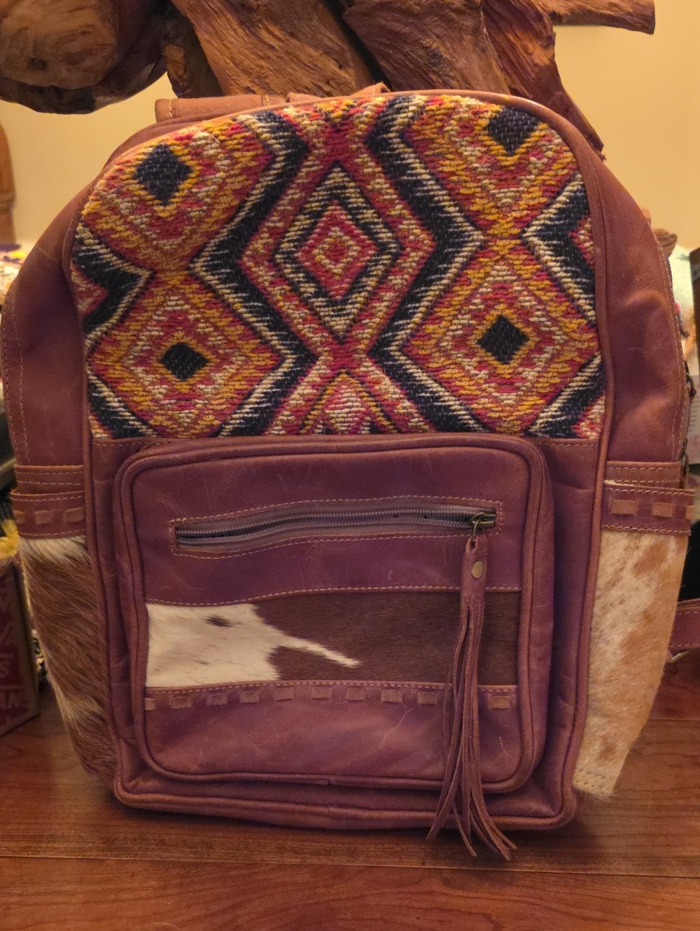 Myra Bag Leather & Woven Pattern Backpack - Multicolor